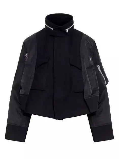 Boxy Paneled Bomber Jacket in Black - Jackets