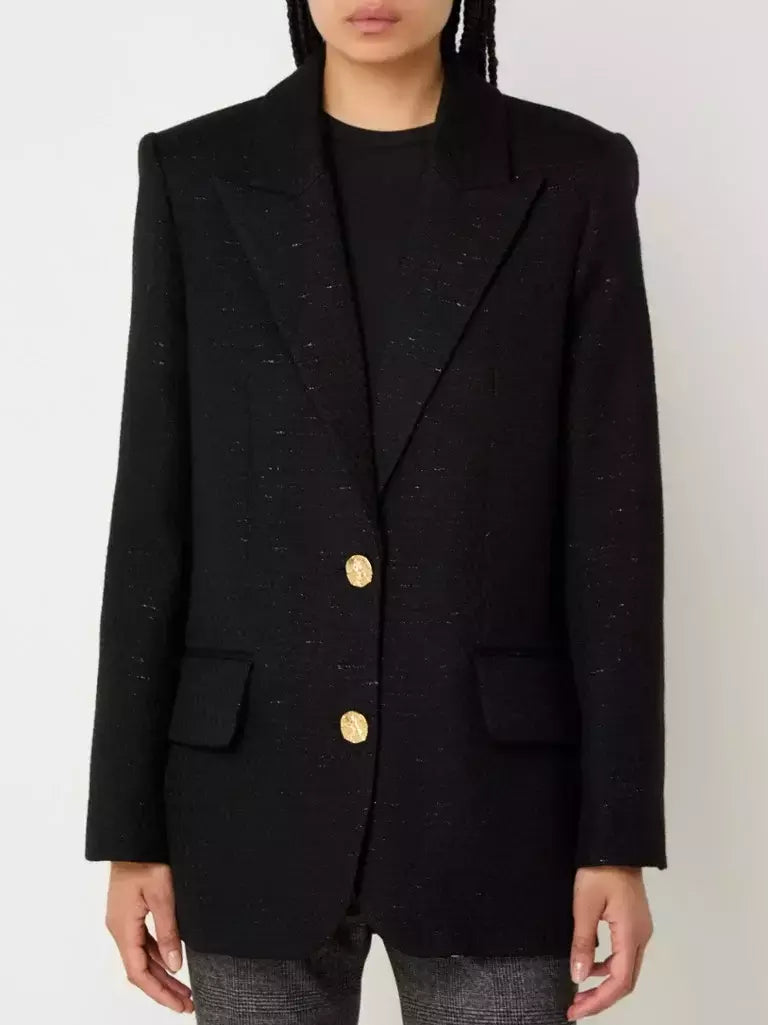 Boxy Tweed Single-Breasted Jacket with Metallic Detail - Jackets