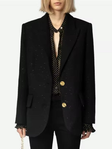 Boxy Tweed Single-Breasted Jacket with Metallic Detail - Jackets