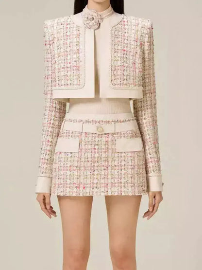 Braided-Trim Cropped Tweed Jacket and Skirt Set - Suits & Sets