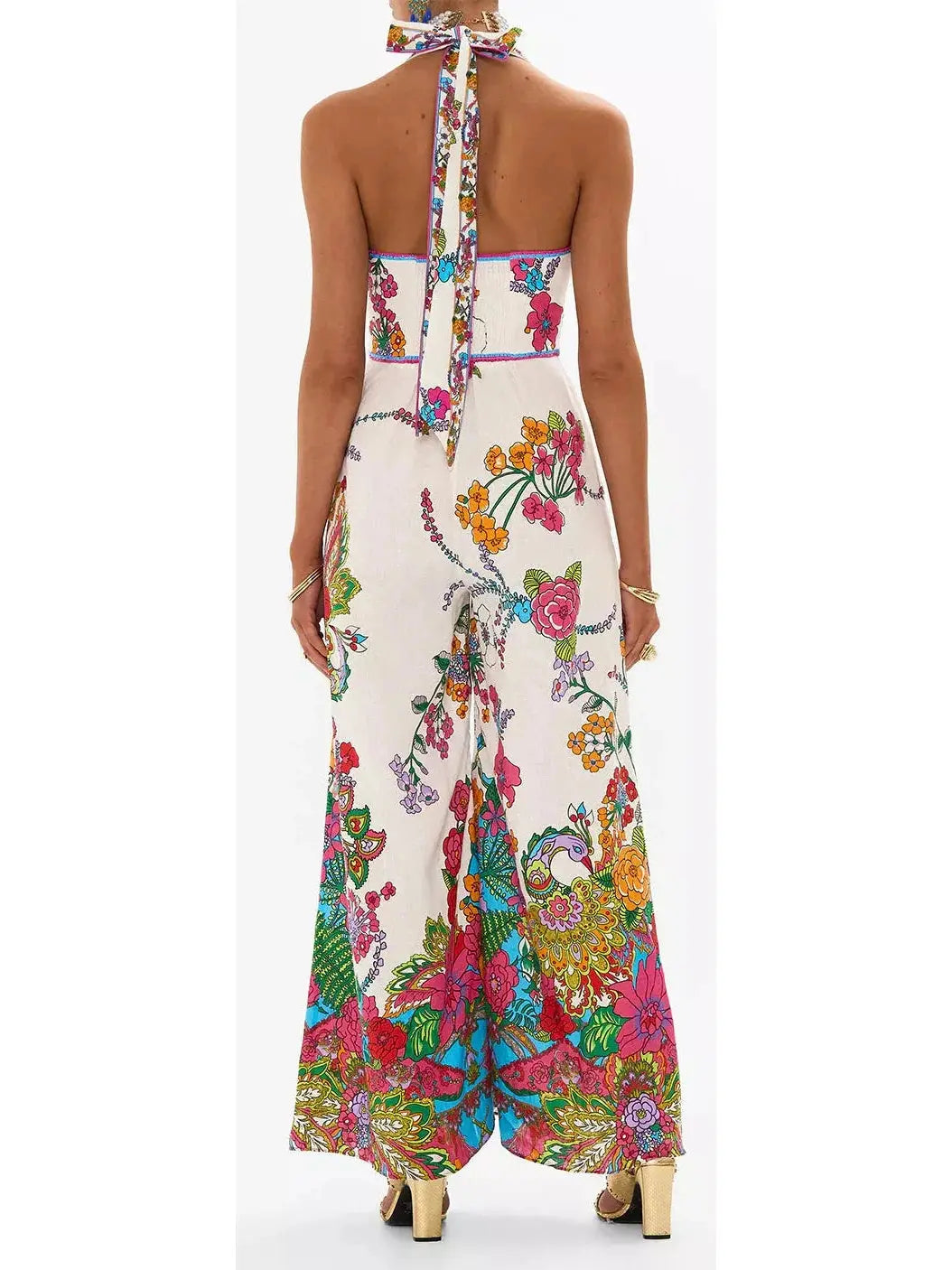 Bright Floral Printed Halter-Neck Wide-Leg Jumpsuit - Suits & Sets