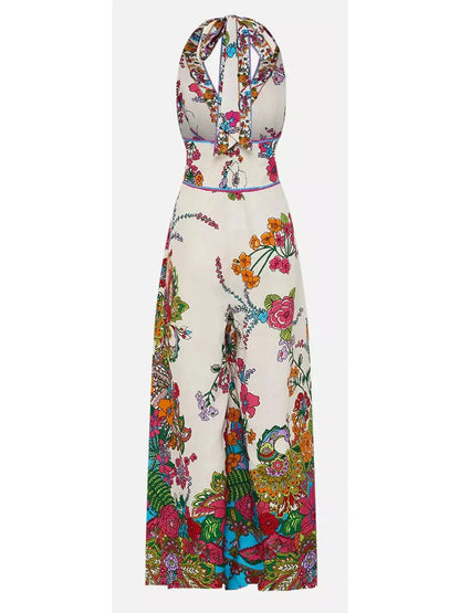 Bright Floral Printed Halter-Neck Wide-Leg Jumpsuit - Suits & Sets