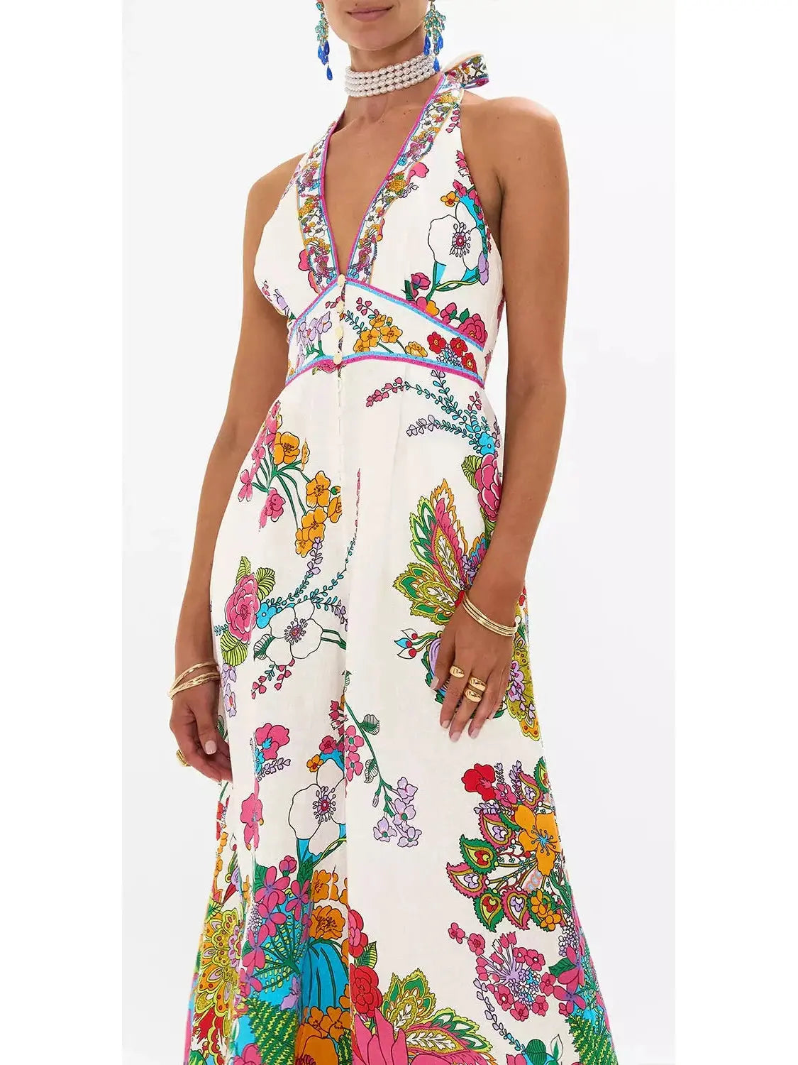 Bright Floral Printed Halter-Neck Wide-Leg Jumpsuit - Suits & Sets