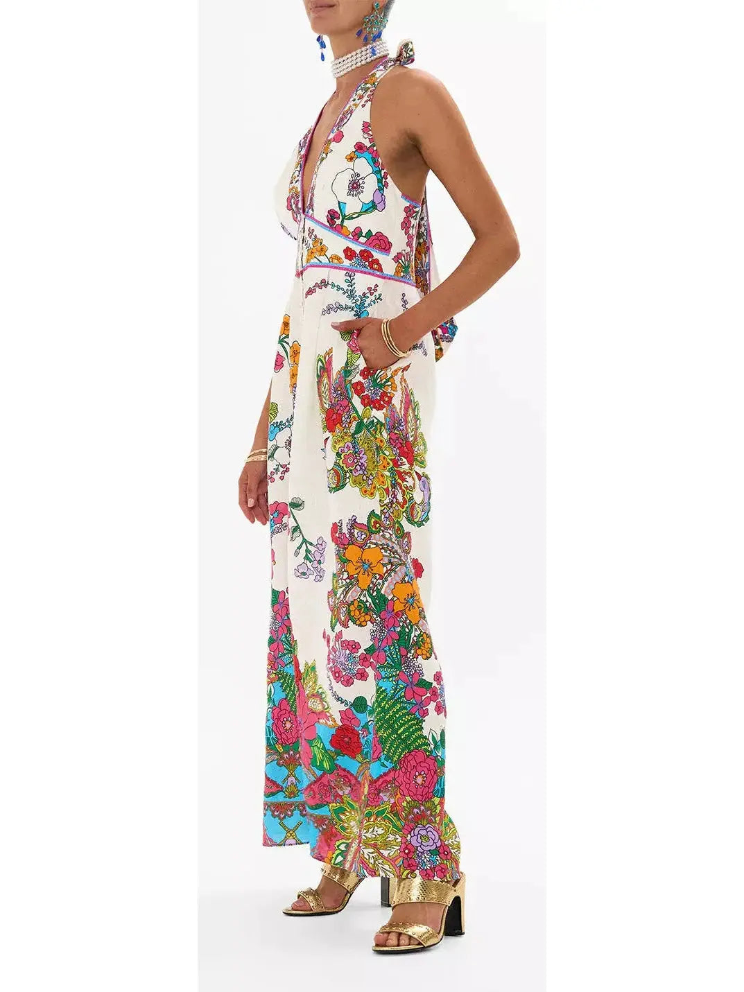 Bright Floral Printed Halter-Neck Wide-Leg Jumpsuit - Suits & Sets