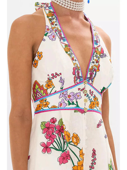 Bright Floral Printed Halter-Neck Wide-Leg Jumpsuit - Suits & Sets