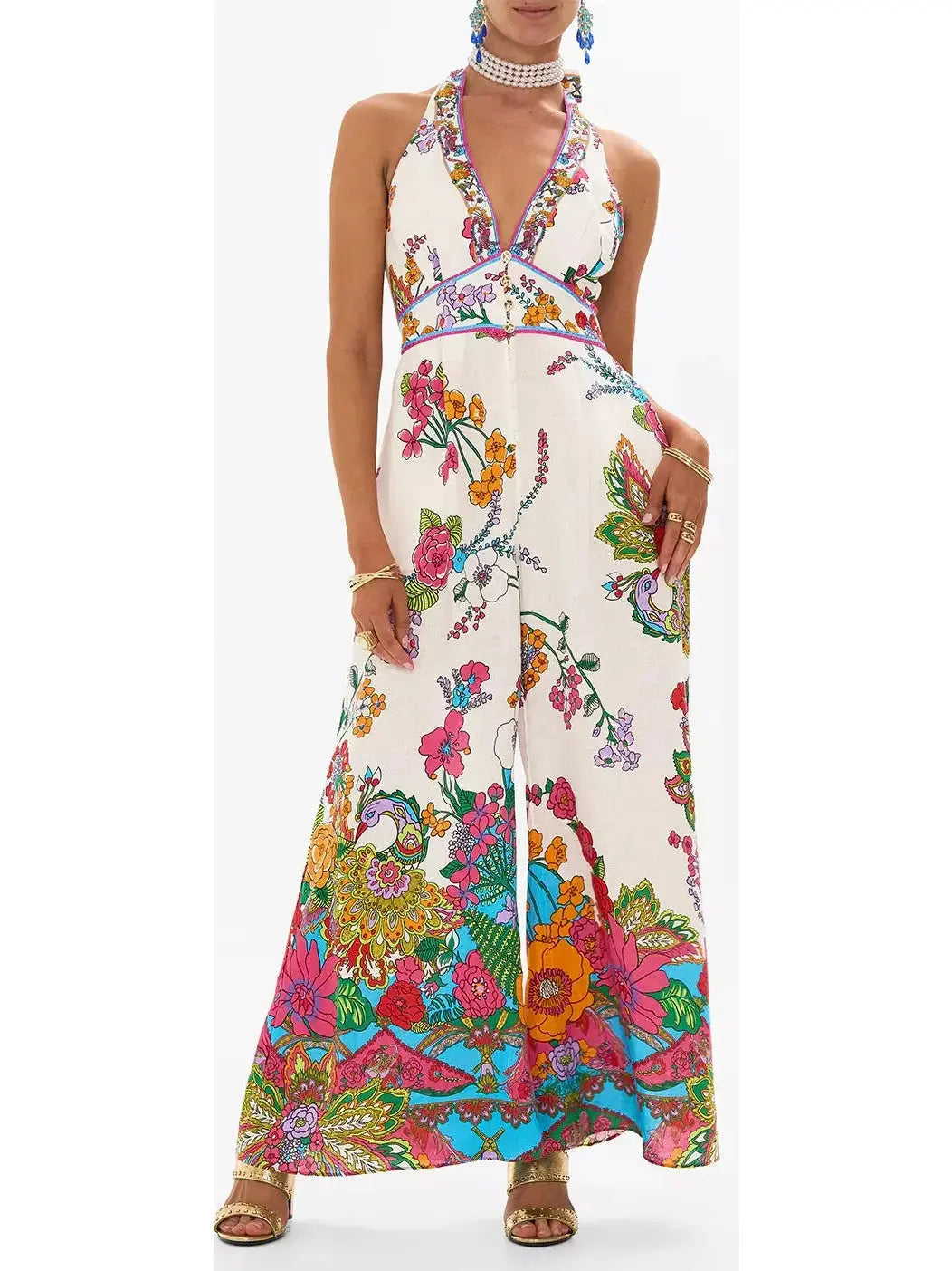 Bright Floral Printed Halter-Neck Wide-Leg Jumpsuit - Suits & Sets