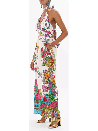 Bright Floral Printed Halter-Neck Wide-Leg Jumpsuit - Suits & Sets