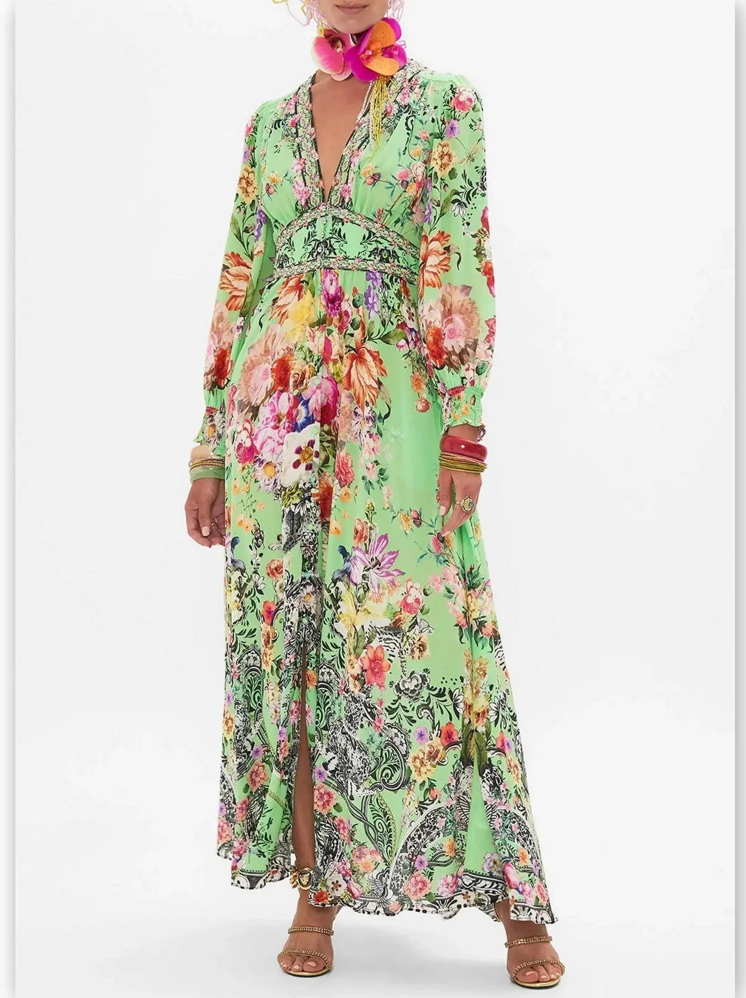 Bright Green Button-Down Dress with Multicolored Floral Print - Dresses
