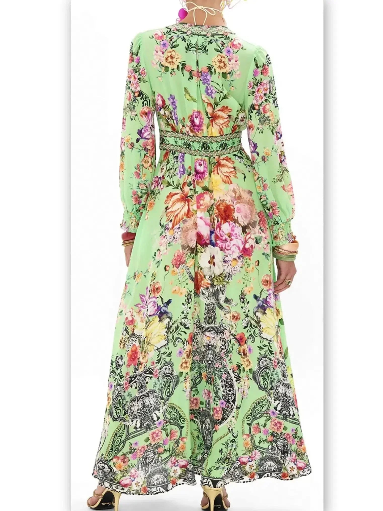 Bright Green Button-Down Dress with Multicolored Floral Print - Dresses