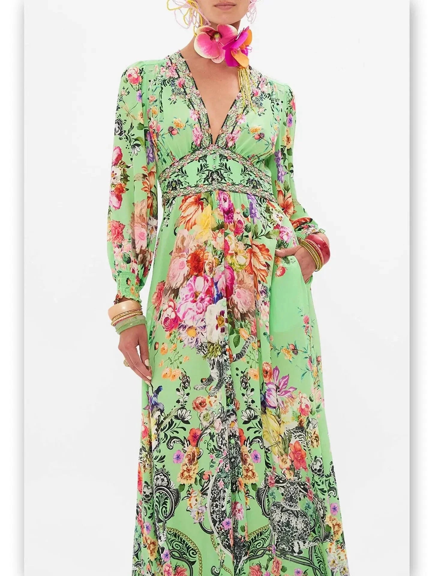 Bright Green Button-Down Dress with Multicolored Floral Print - Dresses