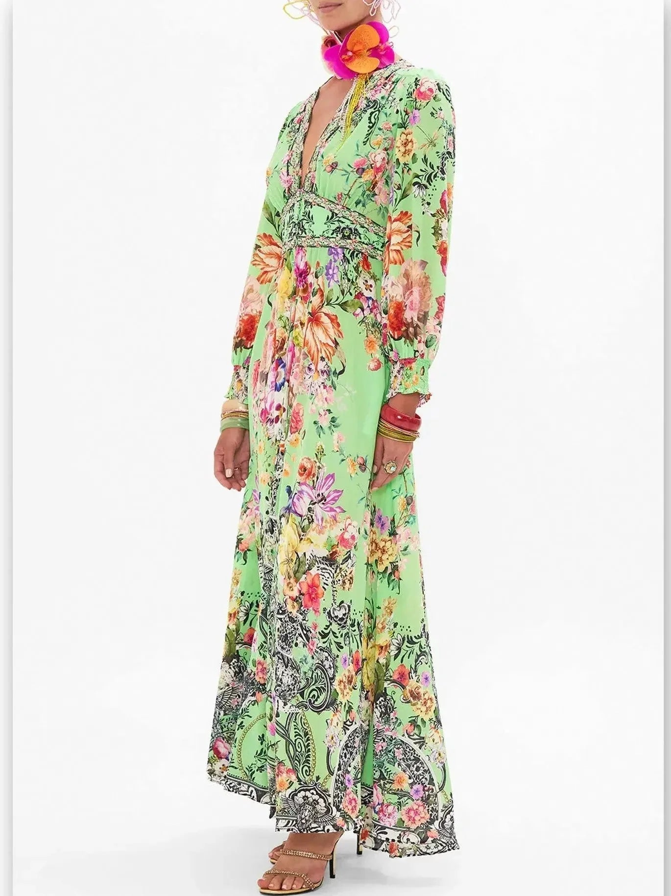 Bright Green Button-Down Dress with Multicolored Floral Print - Dresses