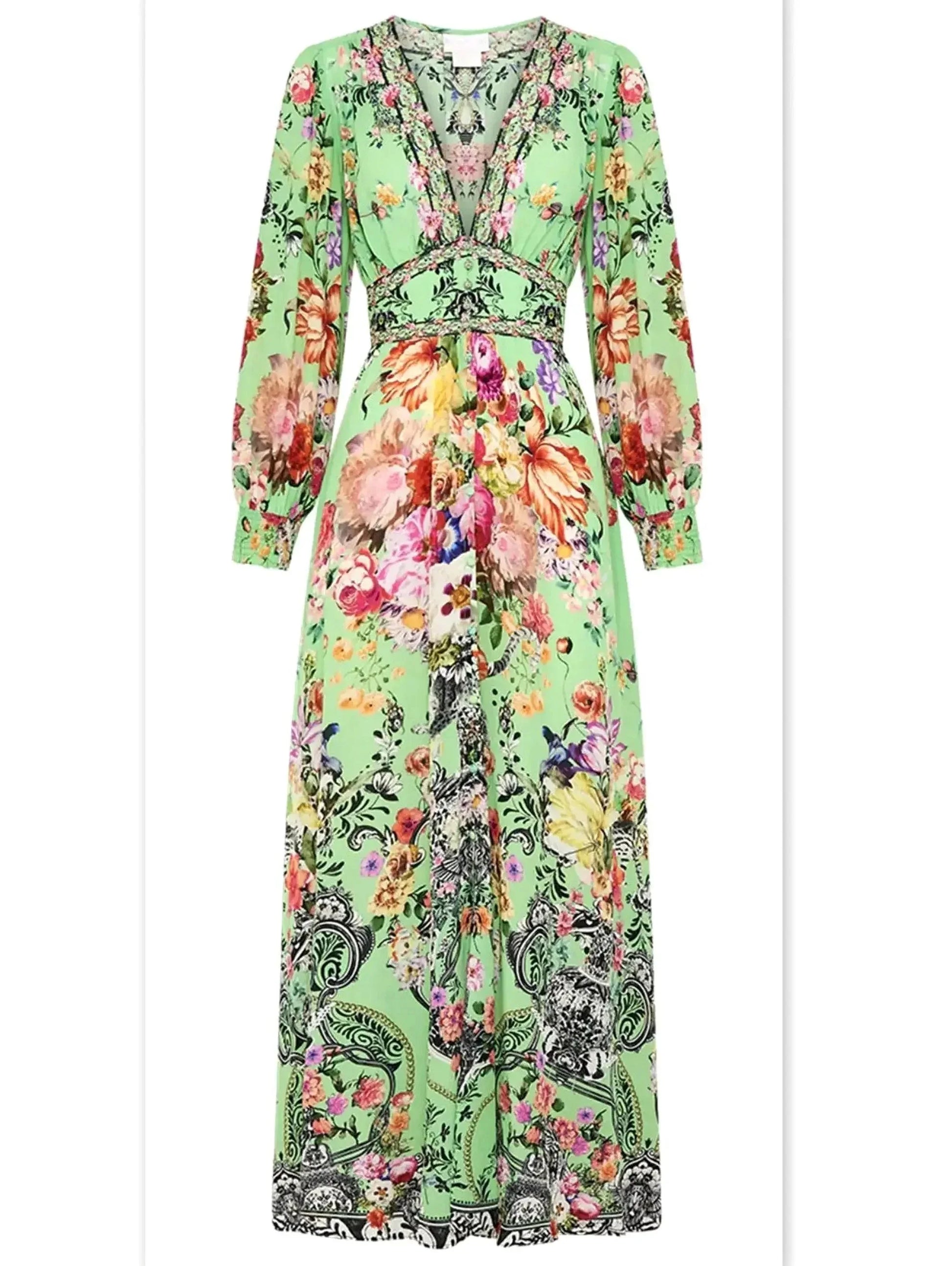 Bright Green Button-Down Dress with Multicolored Floral Print - Dresses