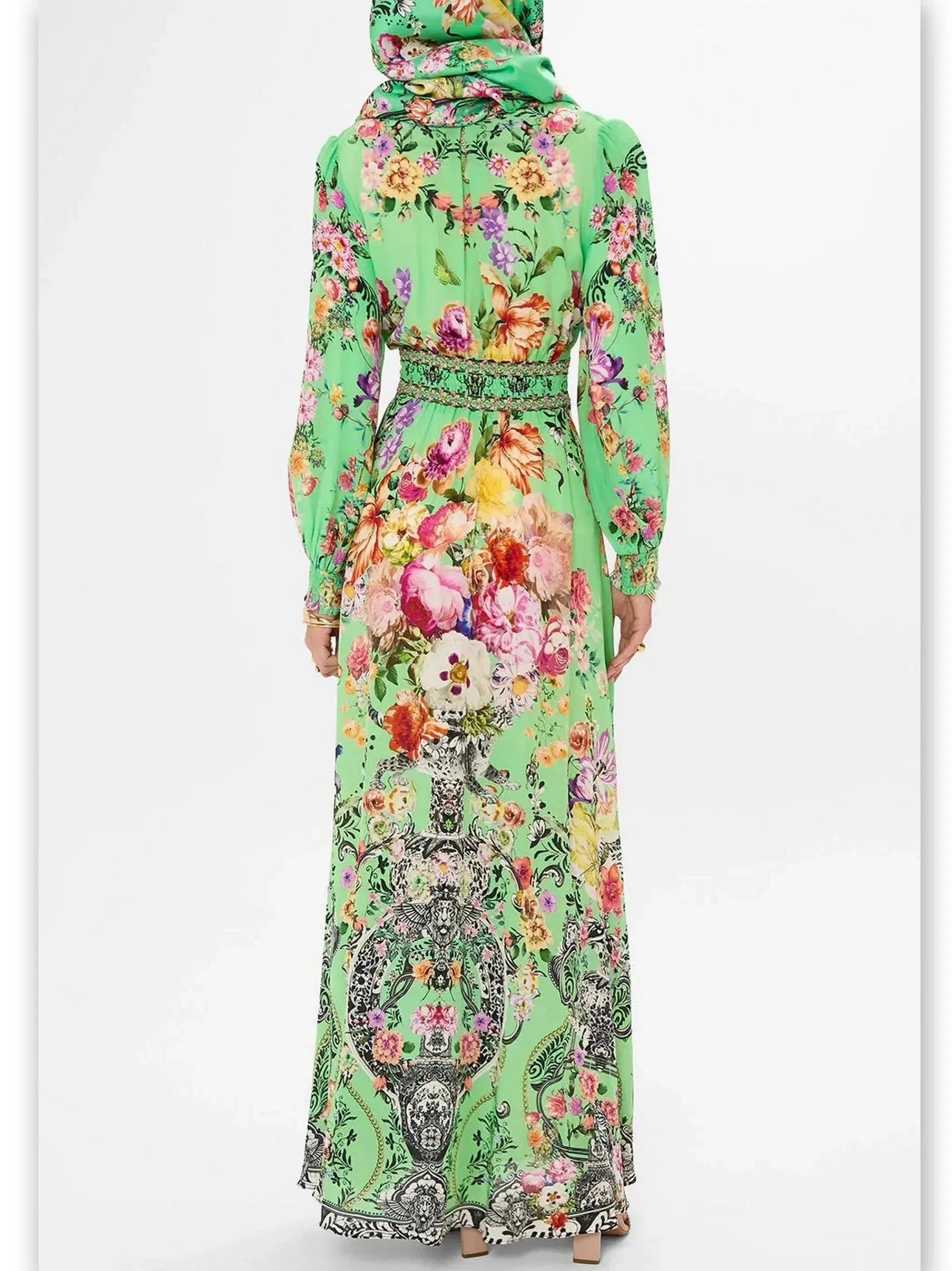 Bright Green Button-Down Dress with Multicolored Floral Print - Dresses