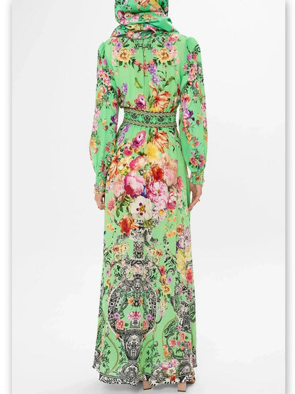 Bright Green Button-Down Dress with Multicolored Floral Print - Dresses
