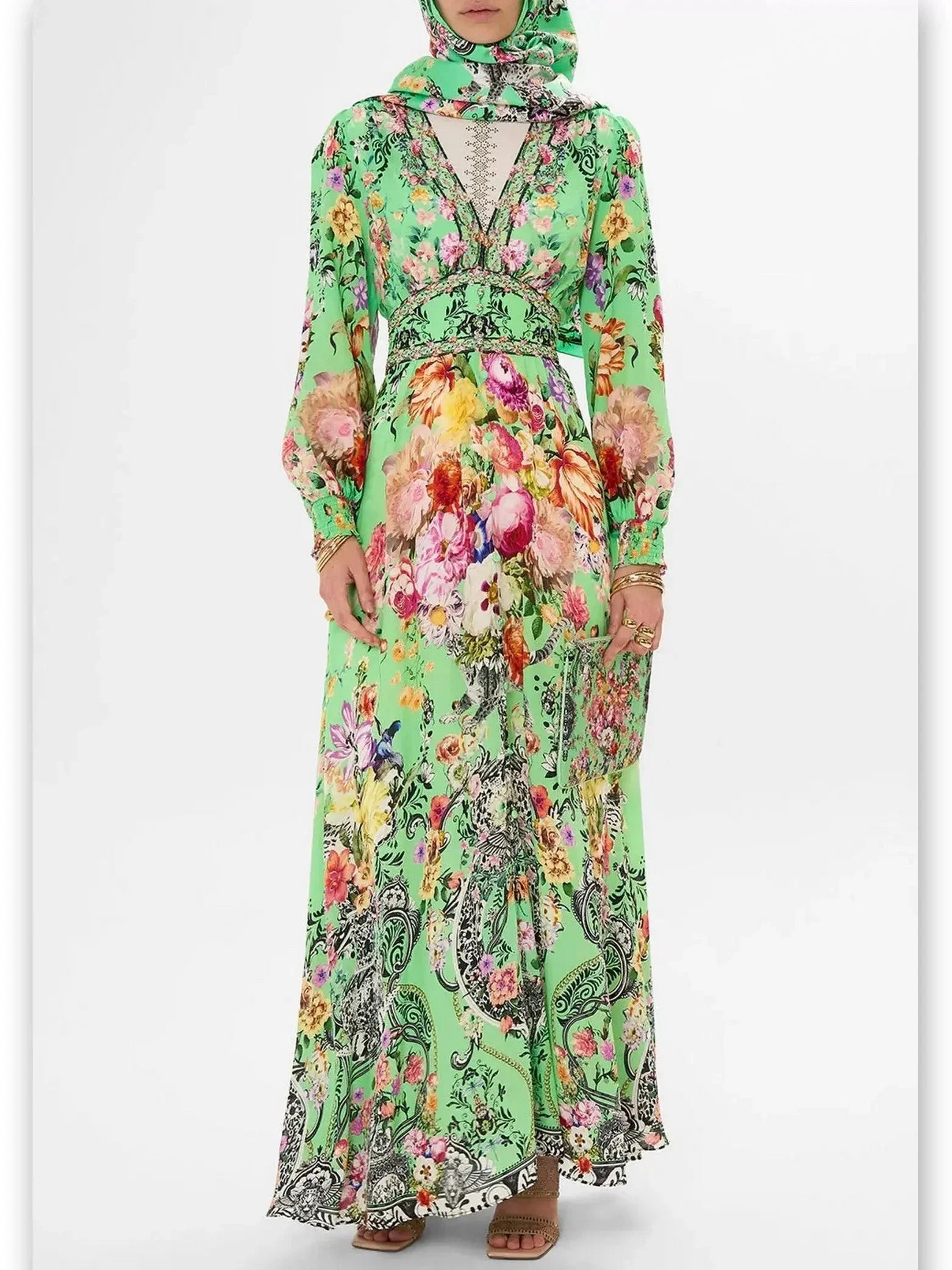 Bright Green Button-Down Dress with Multicolored Floral Print - Dresses
