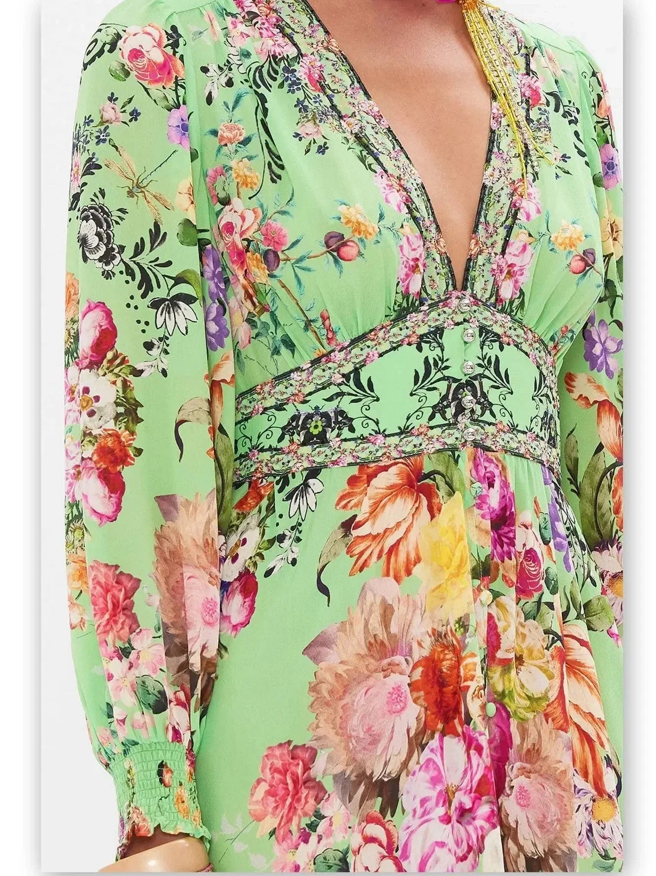 Bright Green Button-Down Dress with Multicolored Floral Print - Dresses