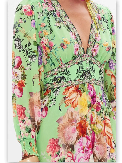 Bright Green Button-Down Dress with Multicolored Floral Print - Dresses