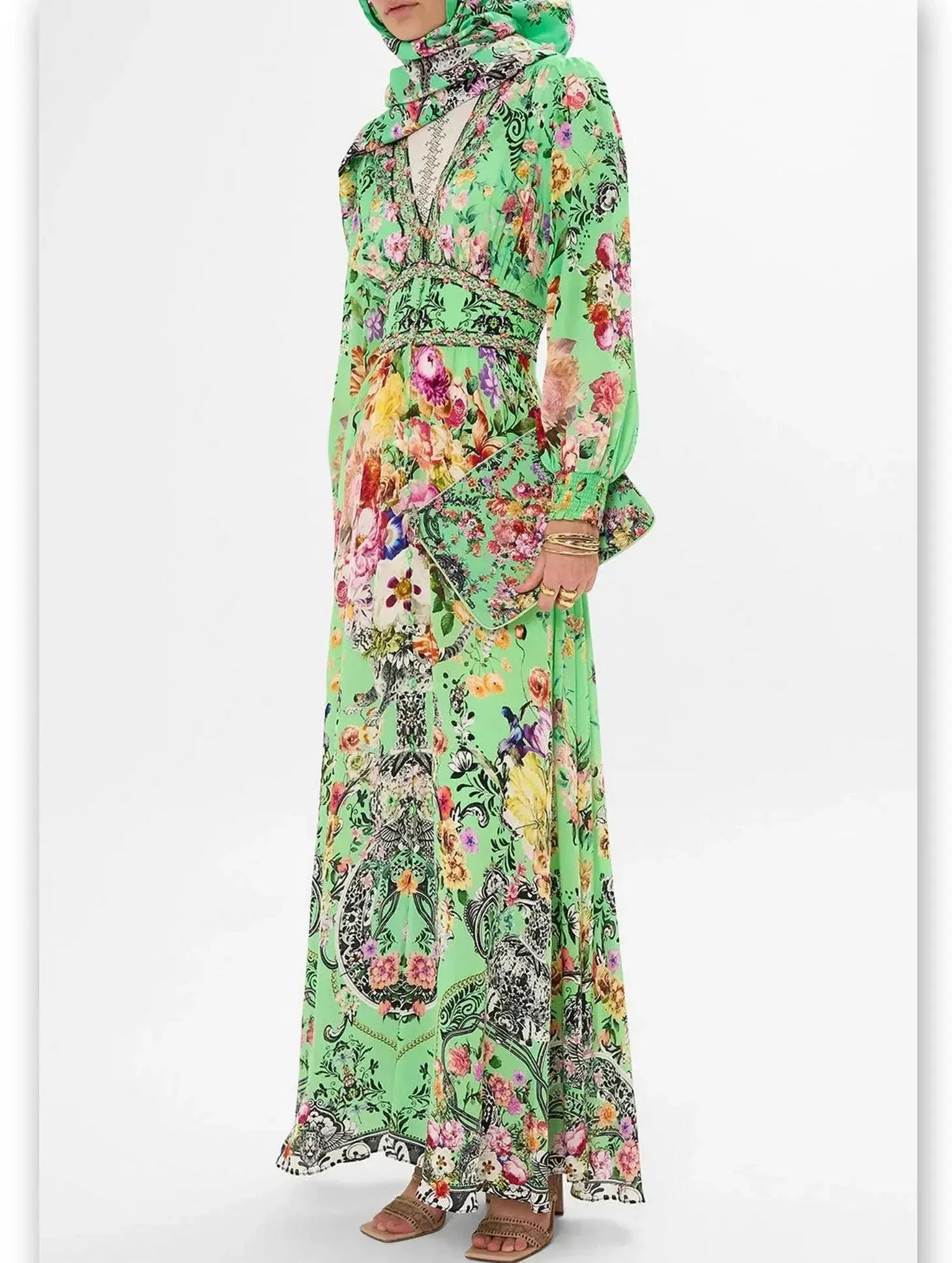 Bright Green Button-Down Dress with Multicolored Floral Print - Dresses