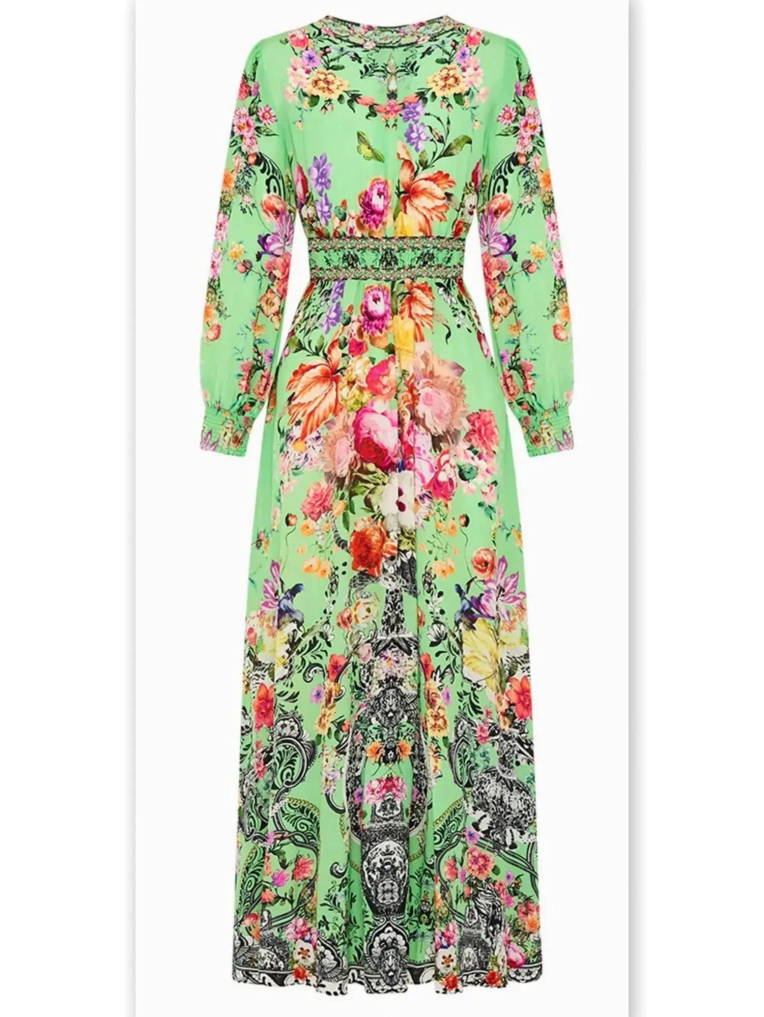 Bright Green Button-Down Dress with Multicolored Floral Print - Dresses