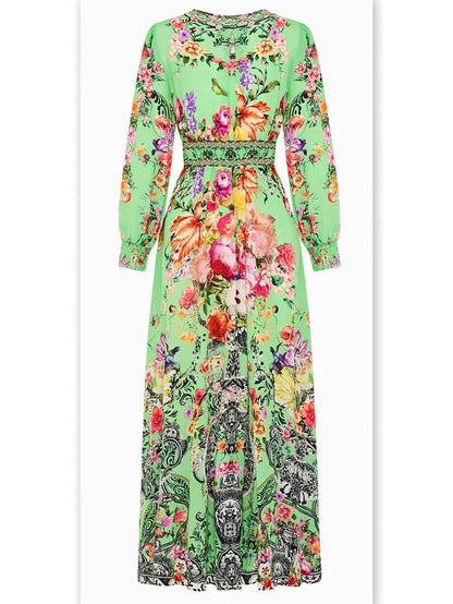 Bright Green Button-Down Dress with Multicolored Floral Print - Dresses