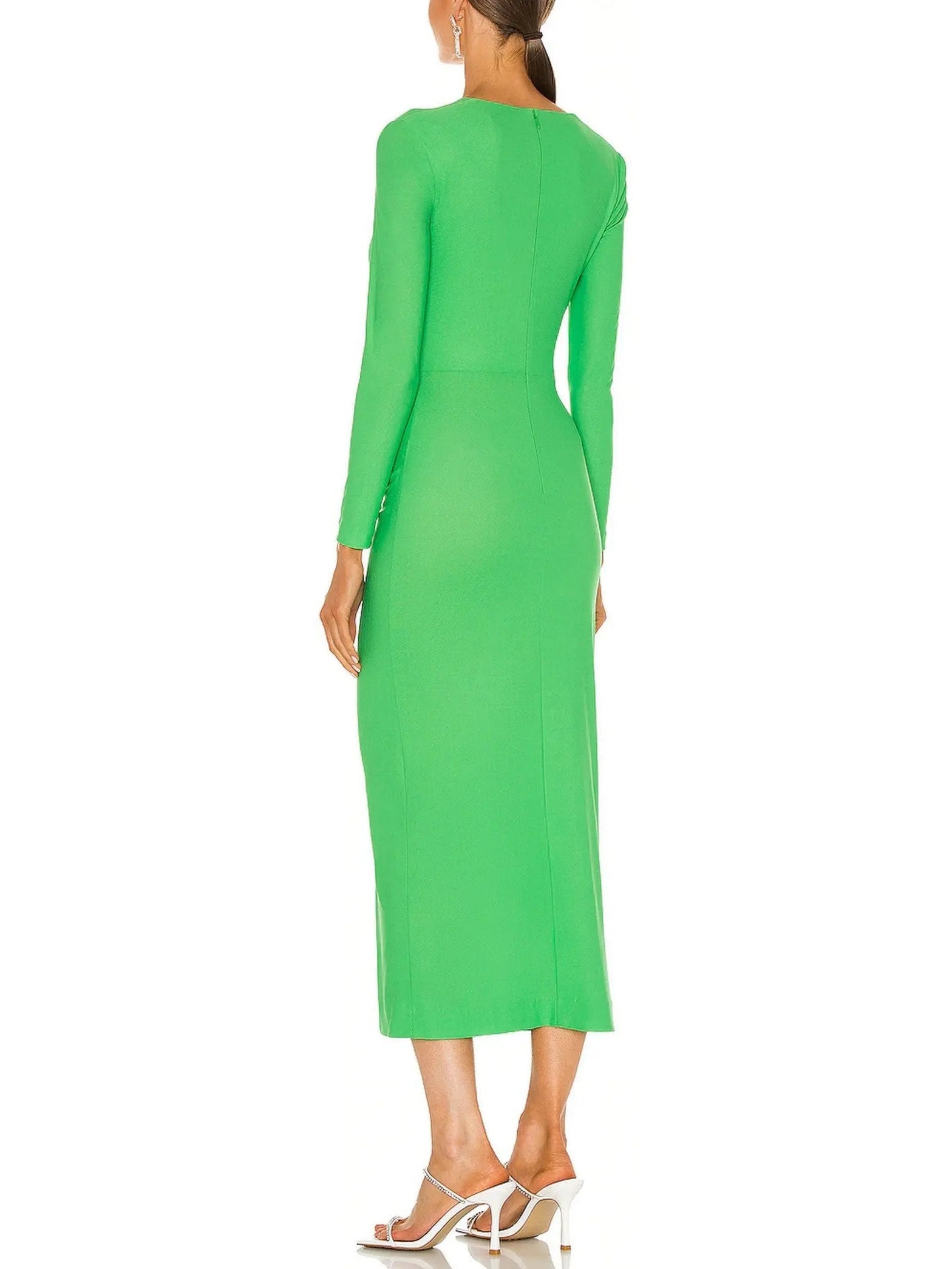 Bright Green Draped Low-Cut Fitted Midi Dress - Dresses