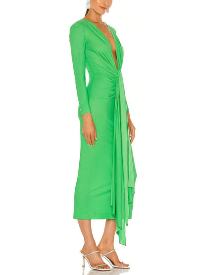 Bright Green Draped Low-Cut Fitted Midi Dress - Dresses