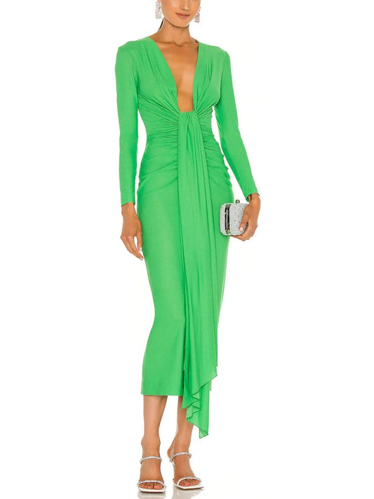 Bright Green Draped Low-Cut Fitted Midi Dress - small - Dresses