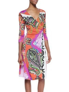 Bright Multicolored Printed Jersey Silk Wrap Dress - Dresses