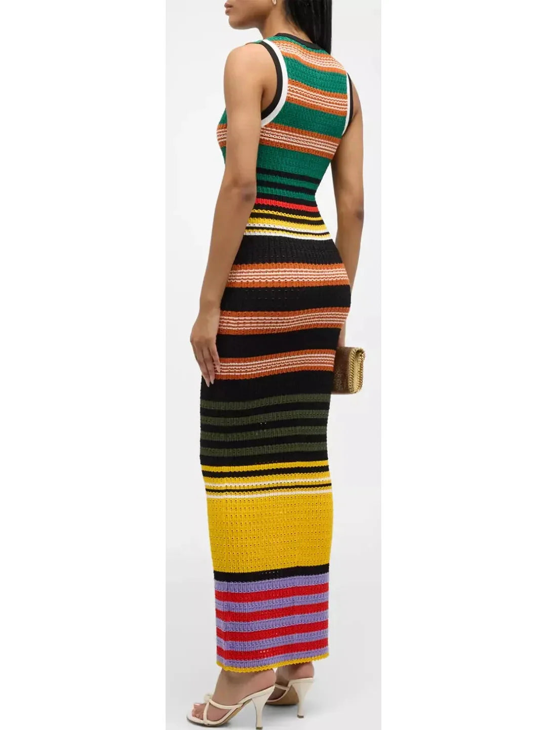 Bright Multicolored Striped Pointelle-Knit Sleeveless Maxi Dress - Dresses