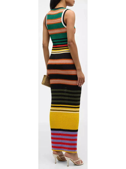 Bright Multicolored Striped Pointelle-Knit Sleeveless Maxi Dress - Dresses