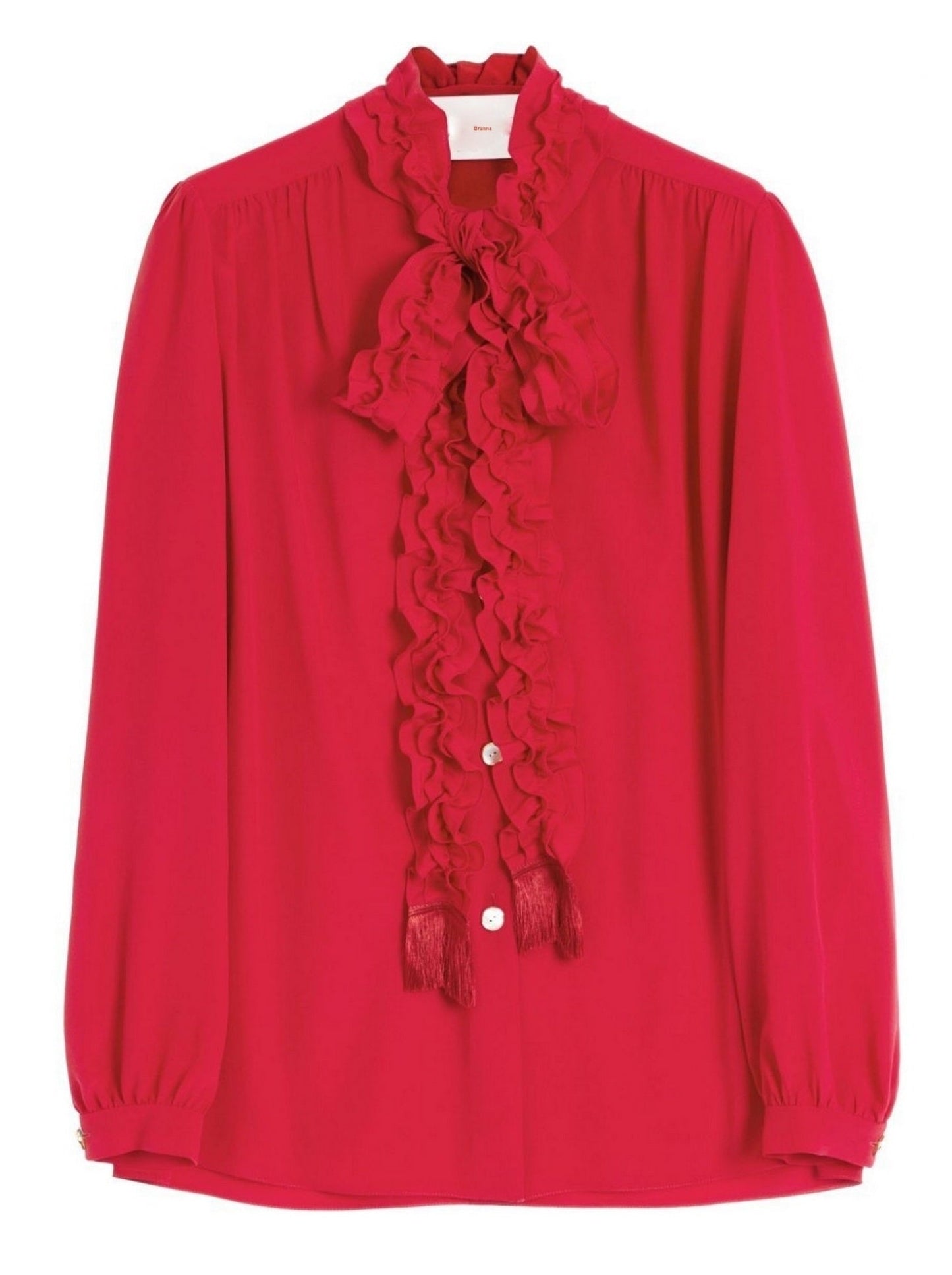 Bright Red Ruffled Collar Fringed Tie-Neck Shirt with ruffled trim and fringe details