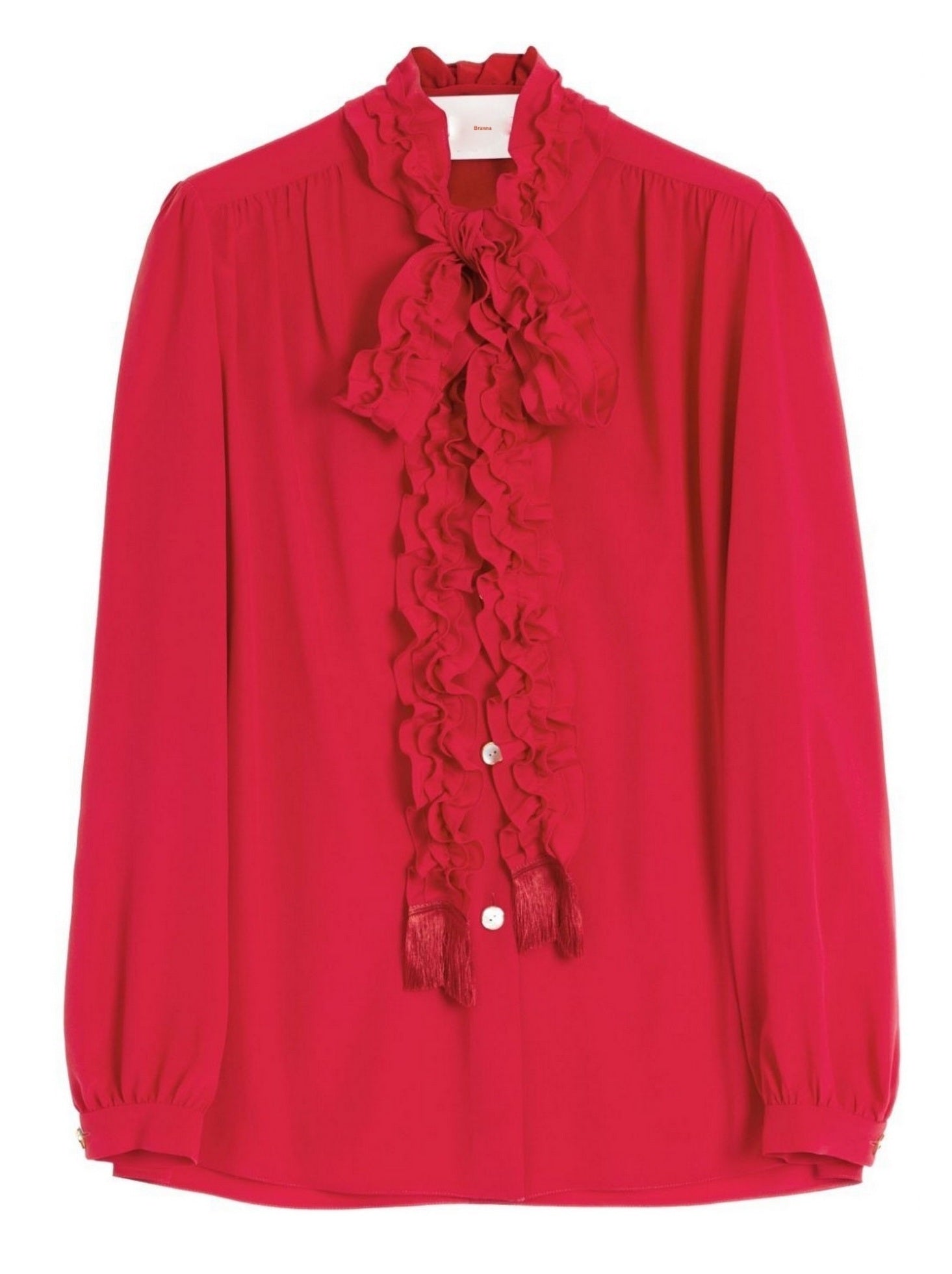 Bright Red Ruffled Collar Fringed Tie-Neck Shirt with ruffled trim and fringe details