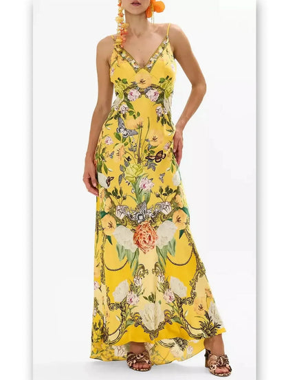 Bright Yellow Garden Printed Long Silk Slip Dress - Dresses