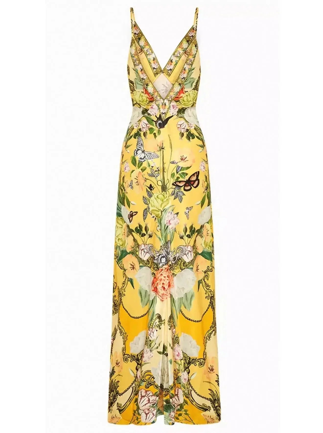 Bright Yellow Garden Printed Long Silk Slip Dress - Dresses