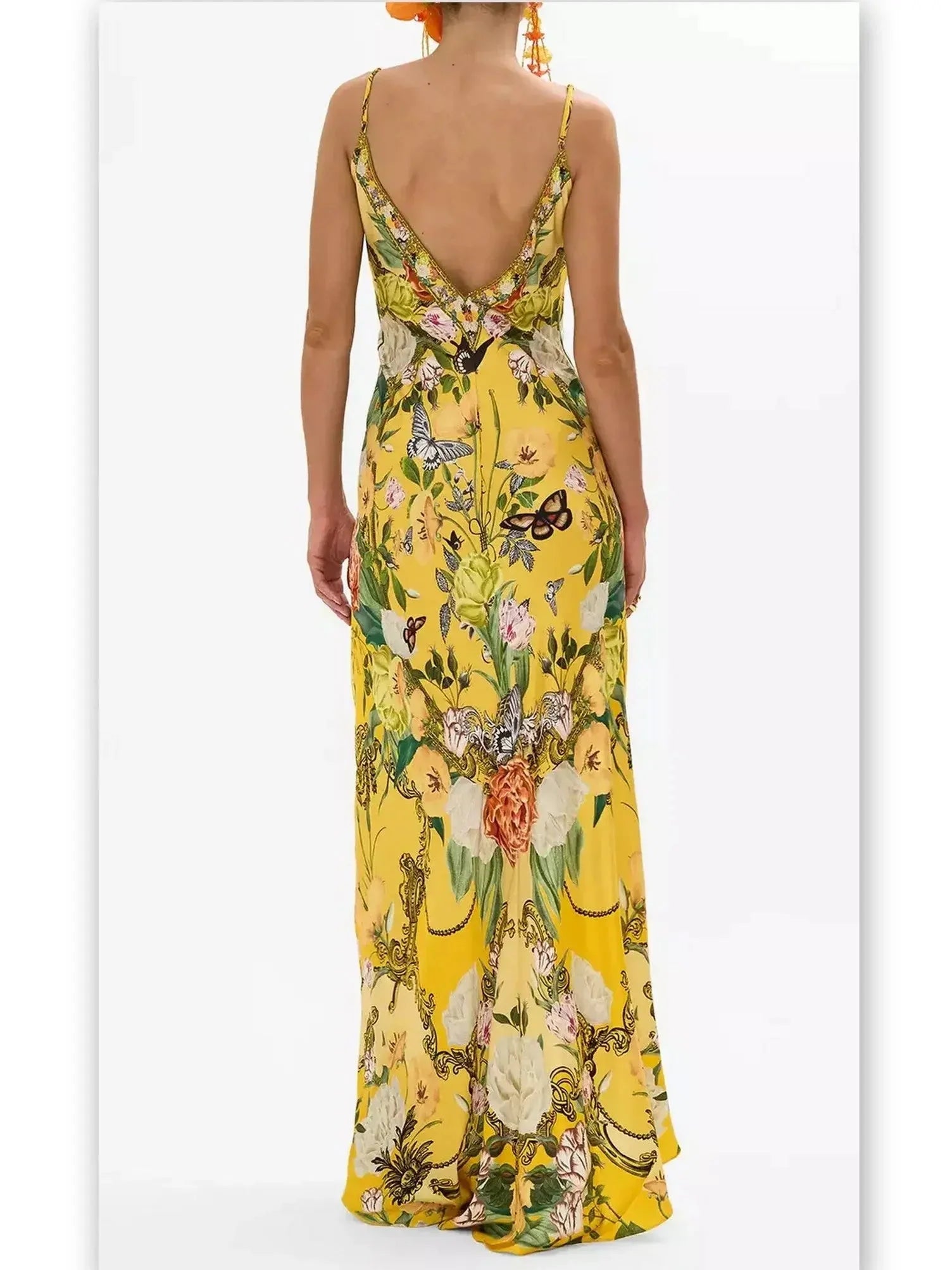 Bright Yellow Garden Printed Long Silk Slip Dress - Dresses