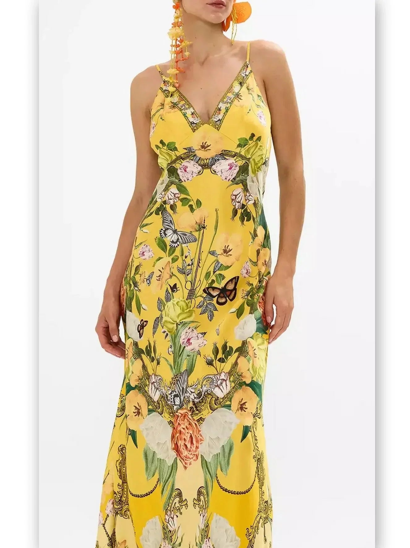 Bright Yellow Garden Printed Long Silk Slip Dress - Dresses