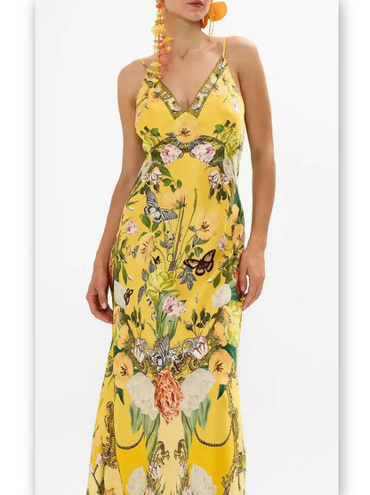 Bright Yellow Garden Printed Long Silk Slip Dress - Dresses
