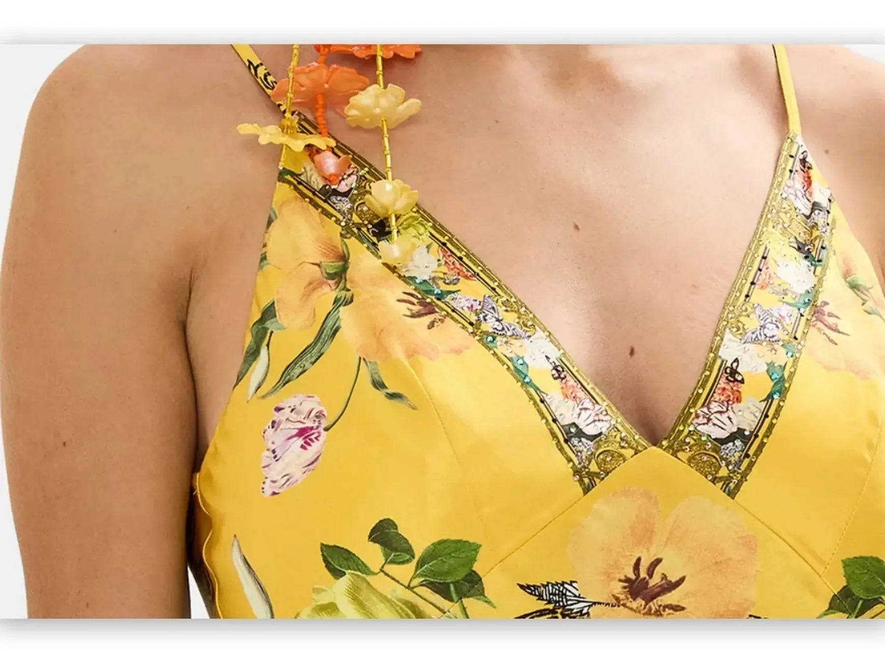 Bright Yellow Garden Printed Long Silk Slip Dress - Dresses