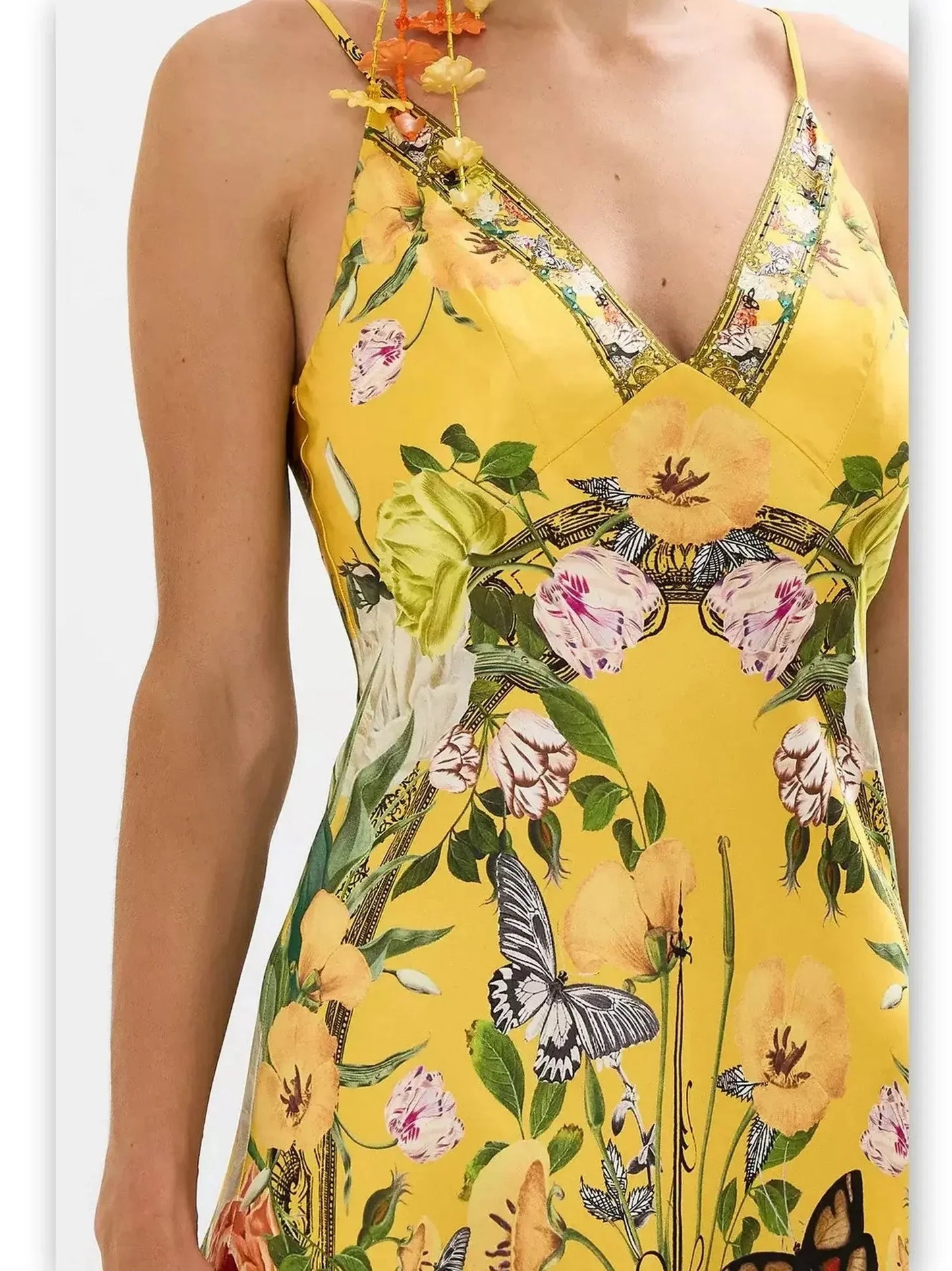 Bright Yellow Garden Printed Long Silk Slip Dress - Dresses