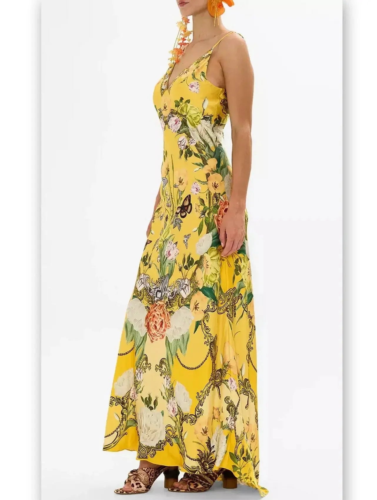 Bright Yellow Garden Printed Long Silk Slip Dress - Dresses