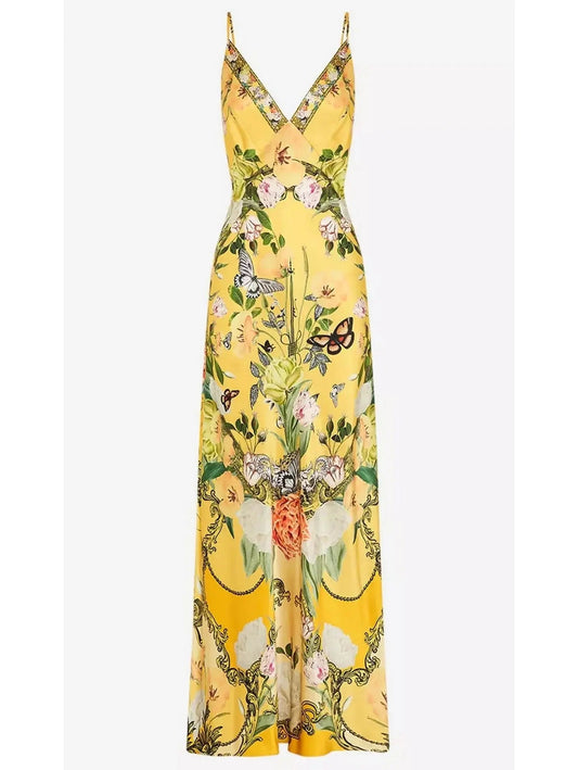 Bright Yellow Garden Printed Long Silk Slip Dress - Dresses