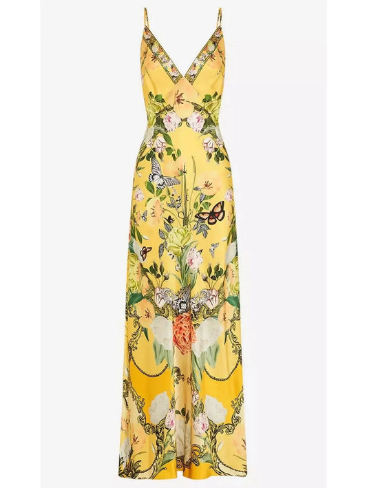 Bright Yellow Garden Printed Long Silk Slip Dress - Dresses