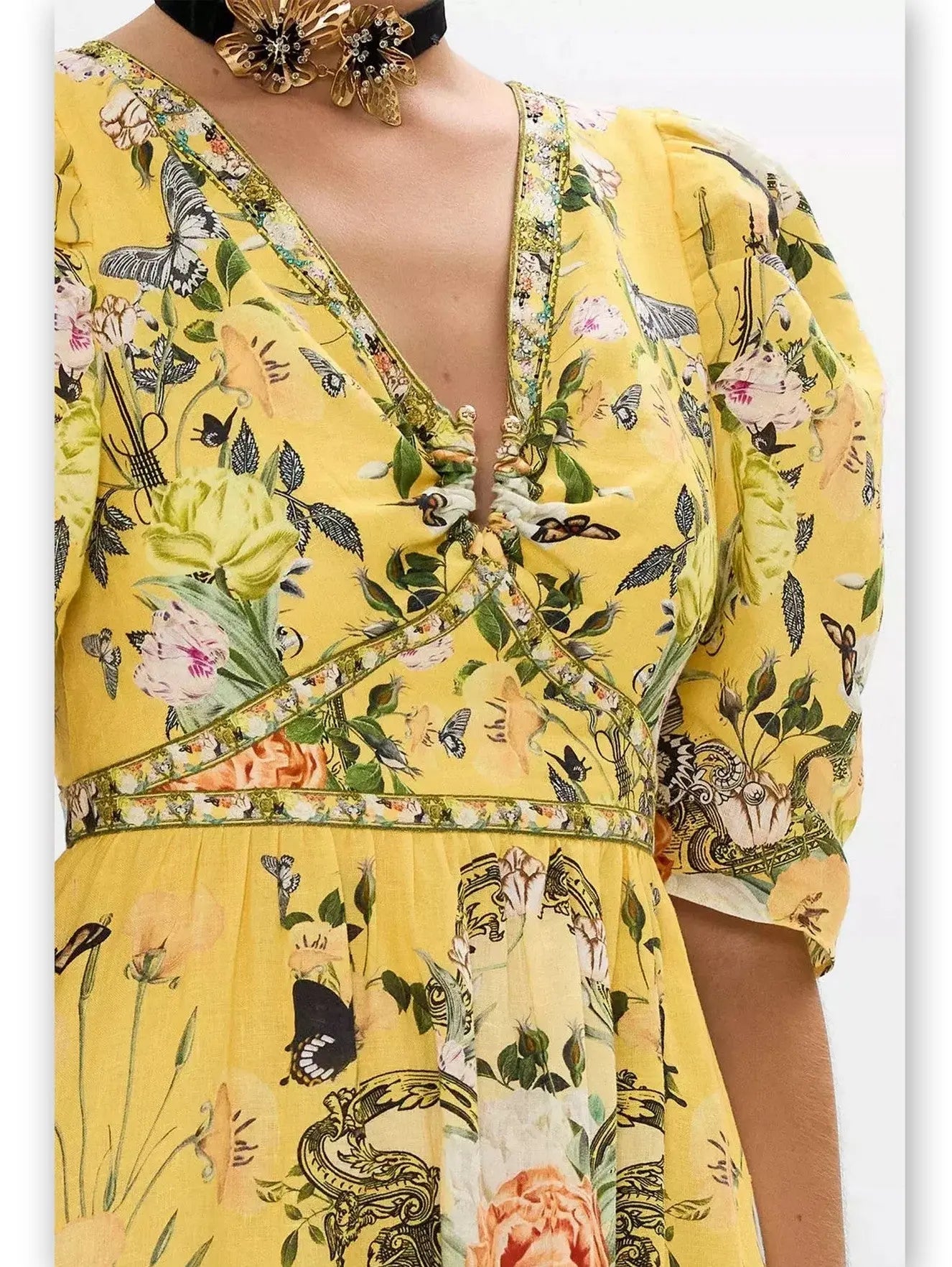 Bright Yellow Garden Printed Puff-Sleeve Dress with Gold Hardware - Dresses