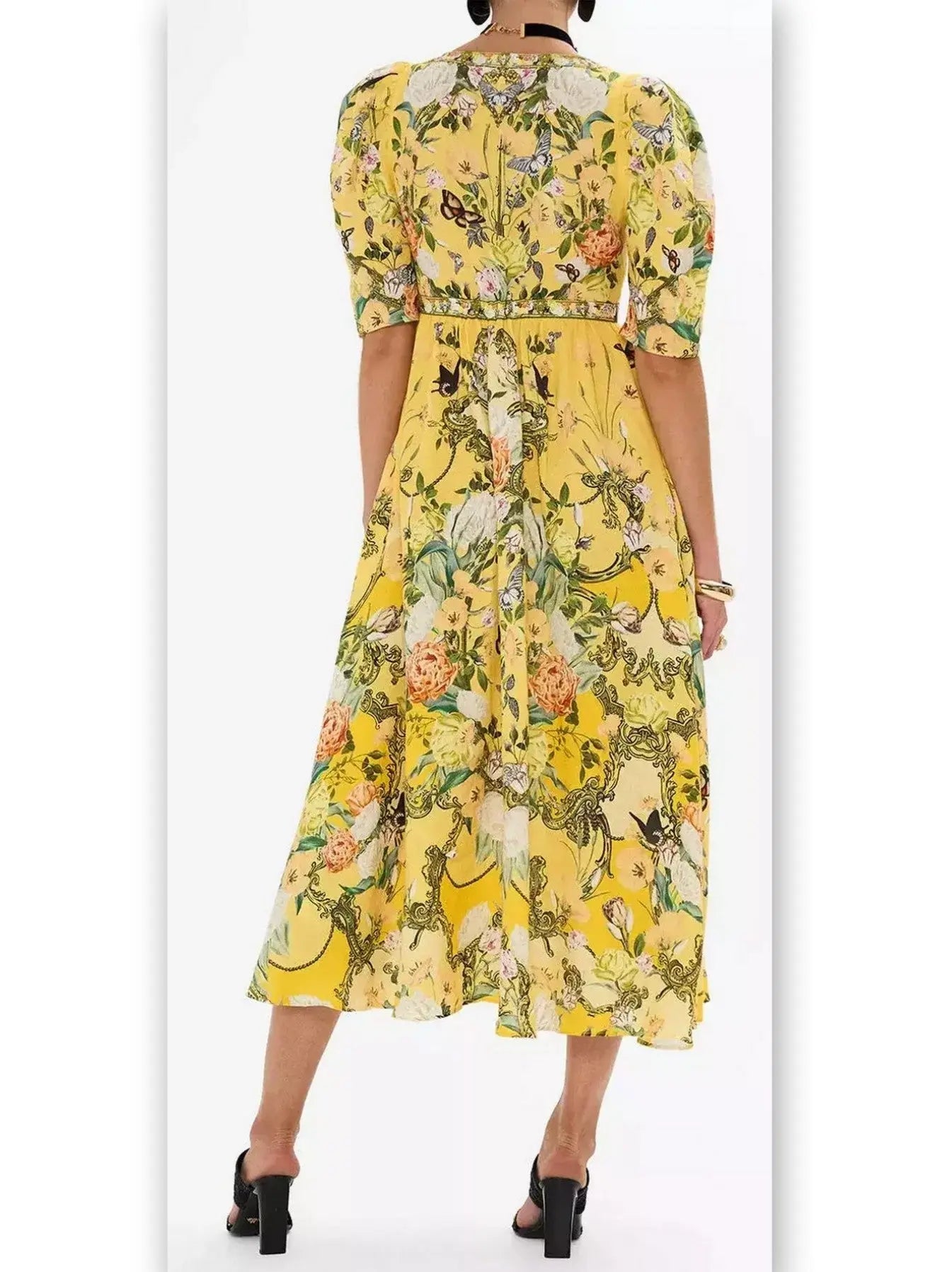 Bright Yellow Garden Printed Puff-Sleeve Dress with Gold Hardware - Dresses