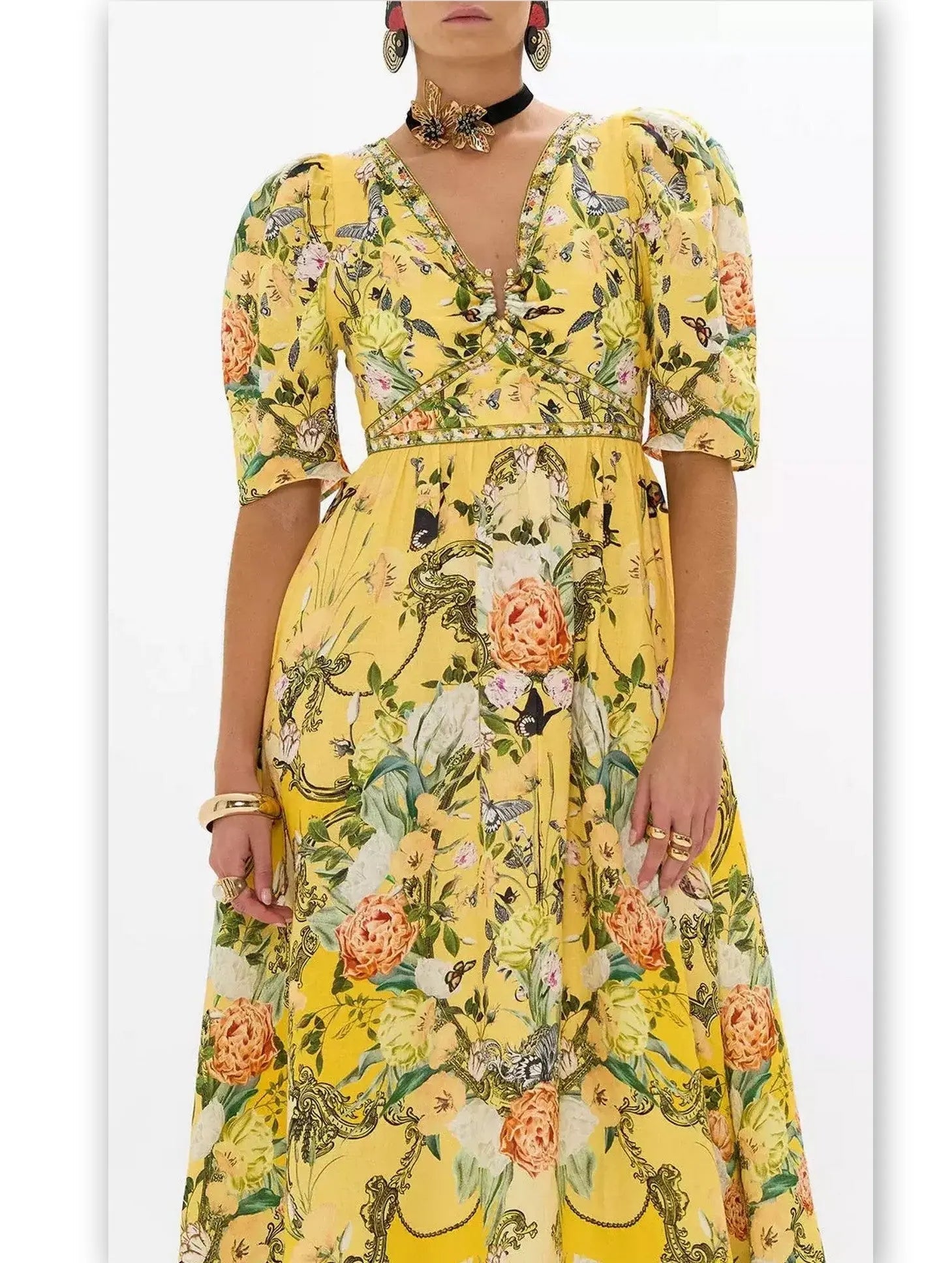 Bright Yellow Garden Printed Puff-Sleeve Dress with Gold Hardware - Dresses