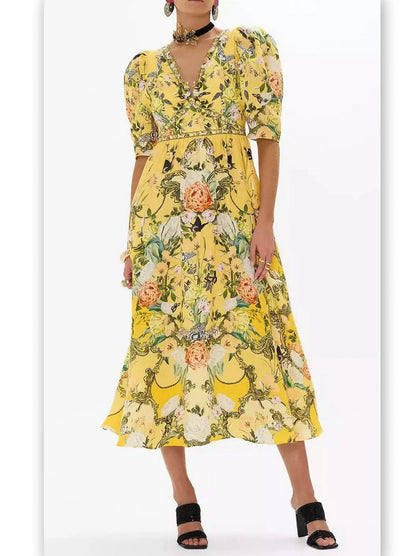 Bright Yellow Garden Printed Puff-Sleeve Dress with Gold Hardware - Dresses