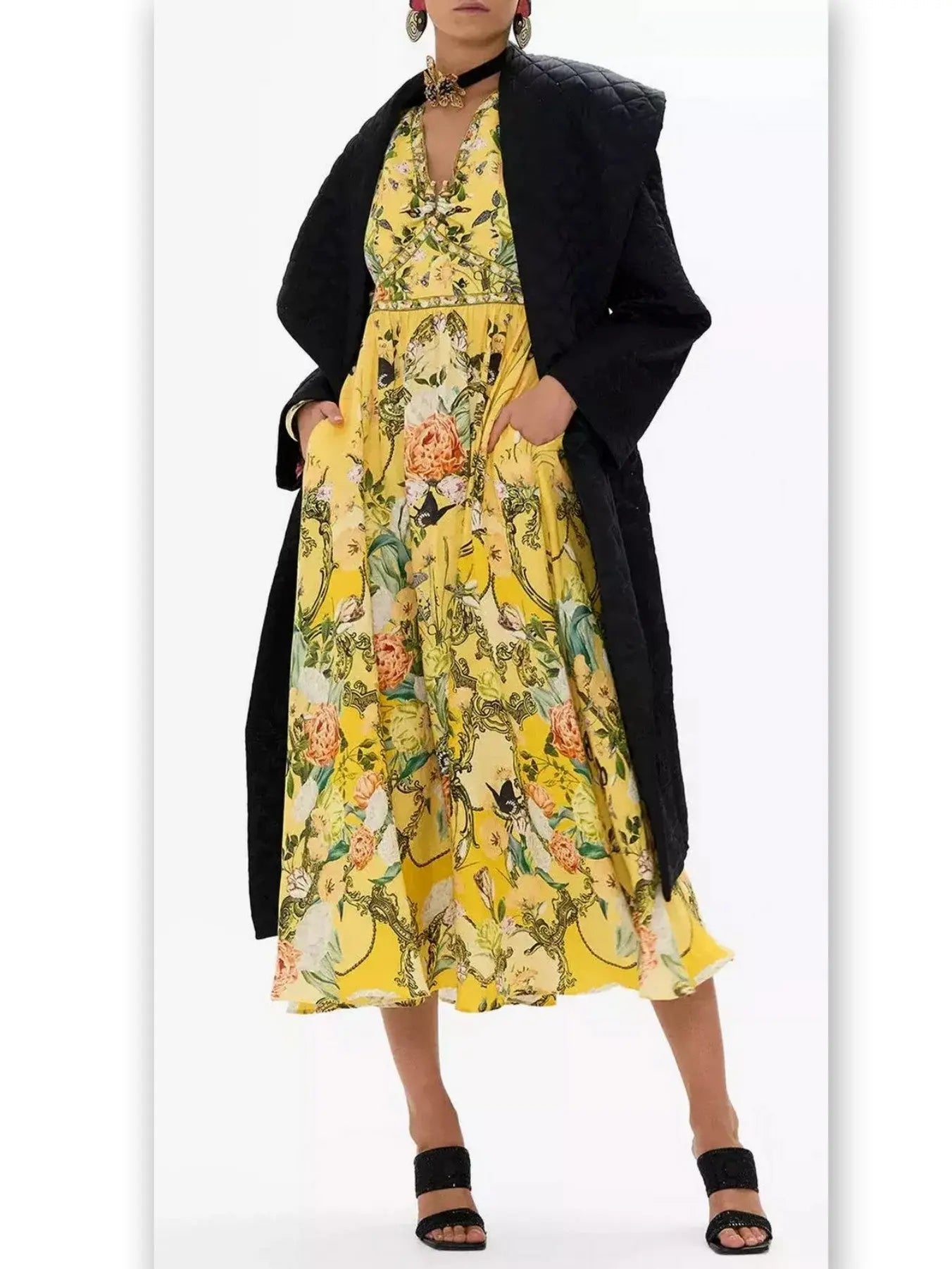 Bright Yellow Garden Printed Puff-Sleeve Dress with Gold Hardware - Dresses