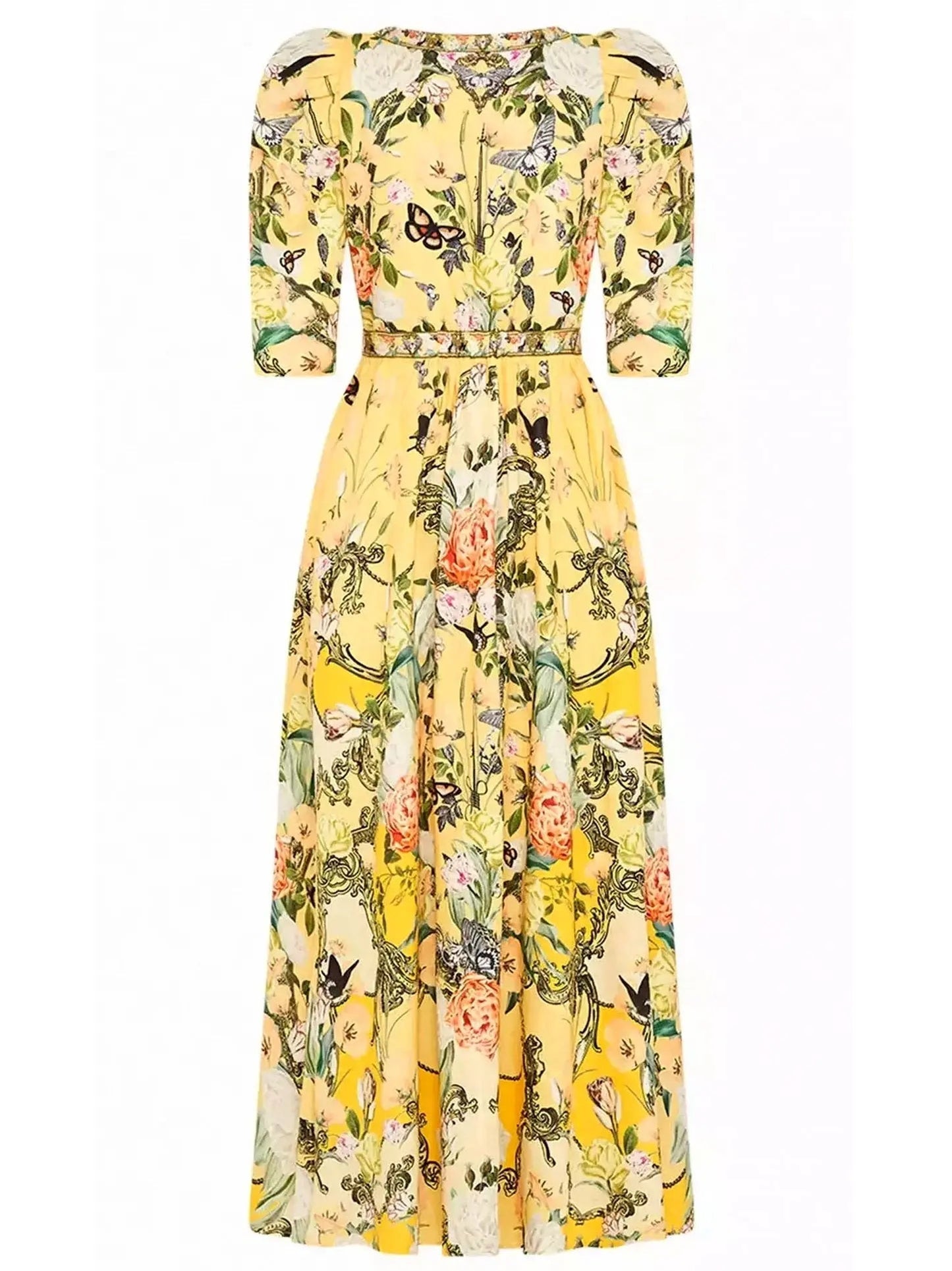 Bright Yellow Garden Printed Puff-Sleeve Dress with Gold Hardware - Dresses