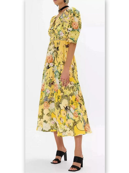 Bright Yellow Garden Printed Puff-Sleeve Dress with Gold Hardware - Dresses