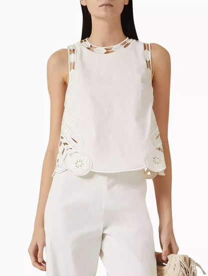 Broderie Anglaise Cropped White Tank and Pant Set - Suits & Sets